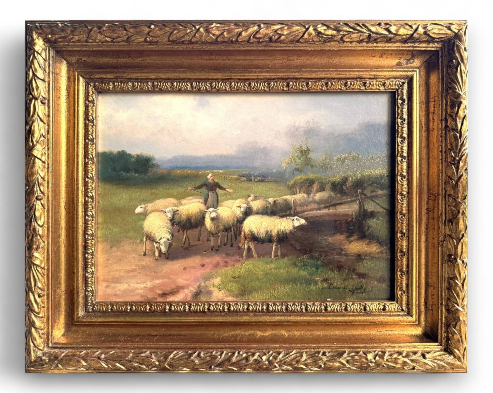 Rustic Sheep Herding Scene - Mid-20th Century Signed Art